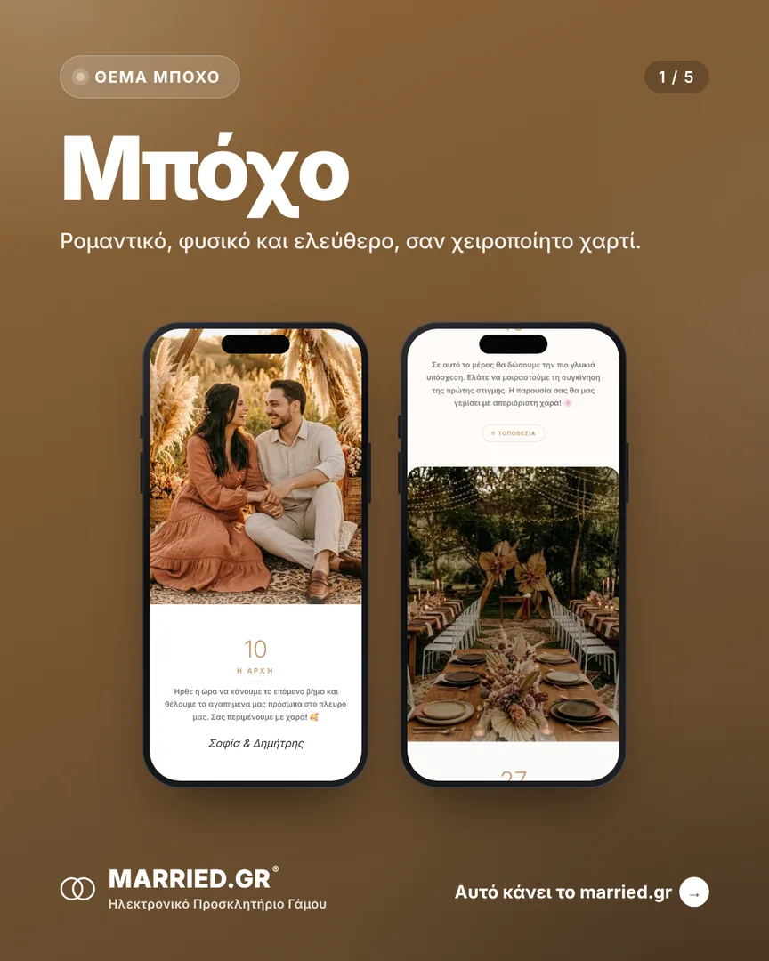Το θέμα Μπόχο σε δύο κινητά, με τα ονόματα, την ημέρα και τις στιγμές του γάμου