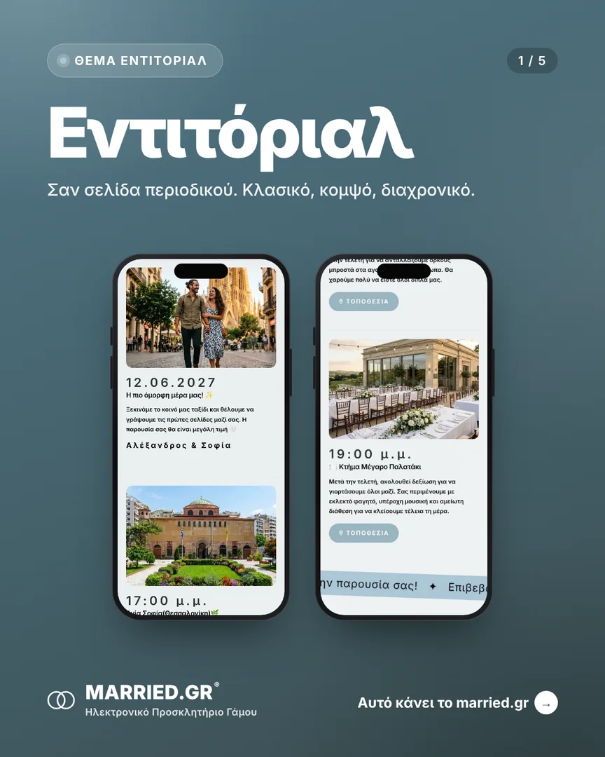 Το θέμα Εντιτόριαλ σε δύο κινητά, με τα ονόματα, την ημέρα και τις στιγμές του γάμου