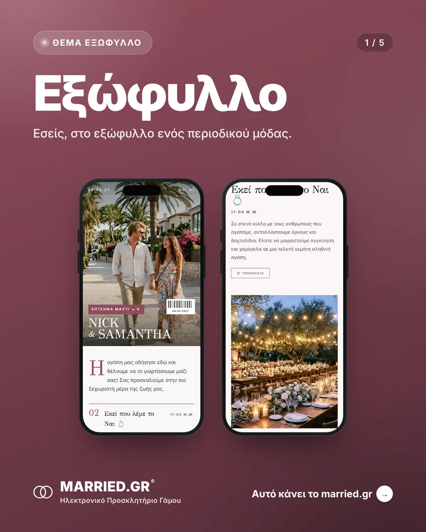 Το θέμα Εξώφυλλο σε δύο κινητά, με τα ονόματα, την ημέρα και τις στιγμές του γάμου
