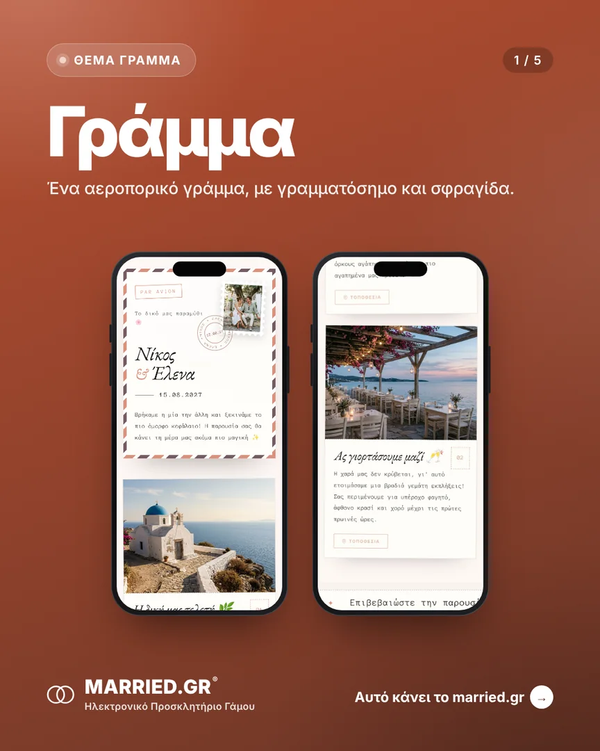 Το θέμα Γράμμα σε δύο κινητά, με τα ονόματα, την ημέρα και τις στιγμές του γάμου