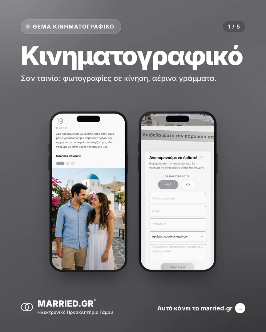 Το θέμα Κινηματογραφικό σε δύο κινητά, με τα ονόματα, την ημέρα και τις στιγμές του γάμου