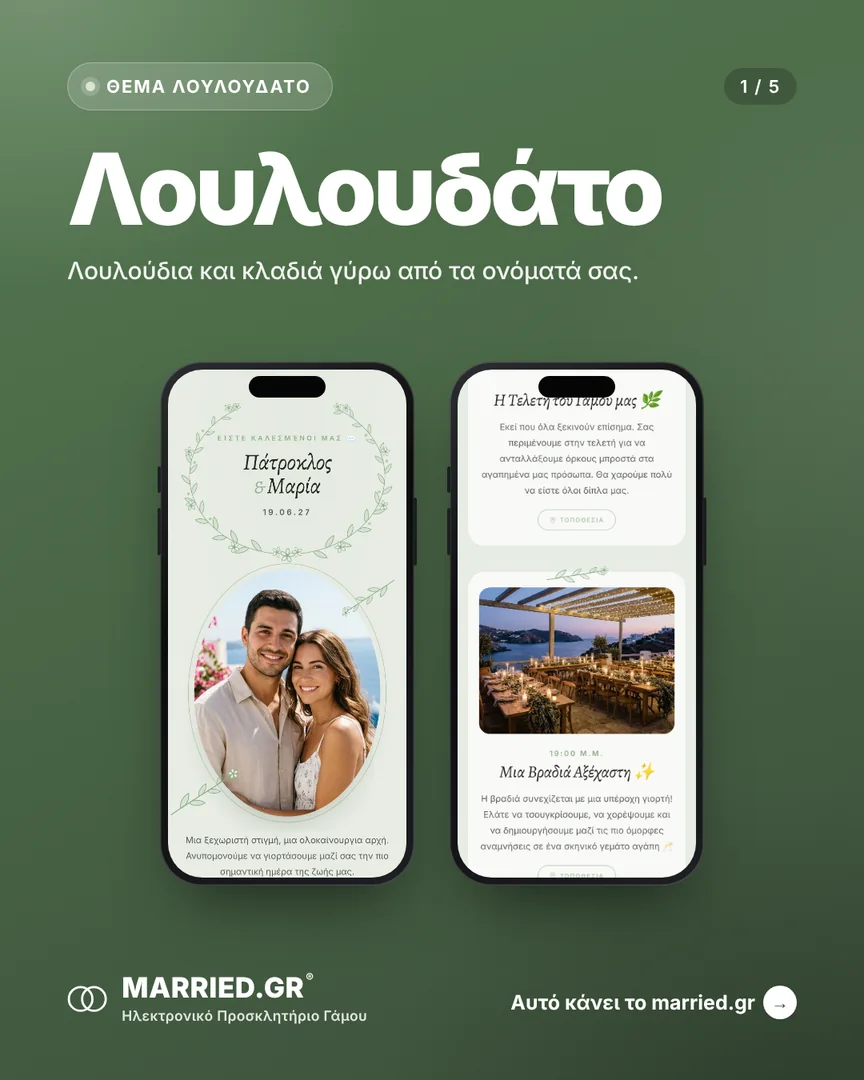 Το θέμα Λουλουδάτο σε δύο κινητά, με τα ονόματα, την ημέρα και τις στιγμές του γάμου