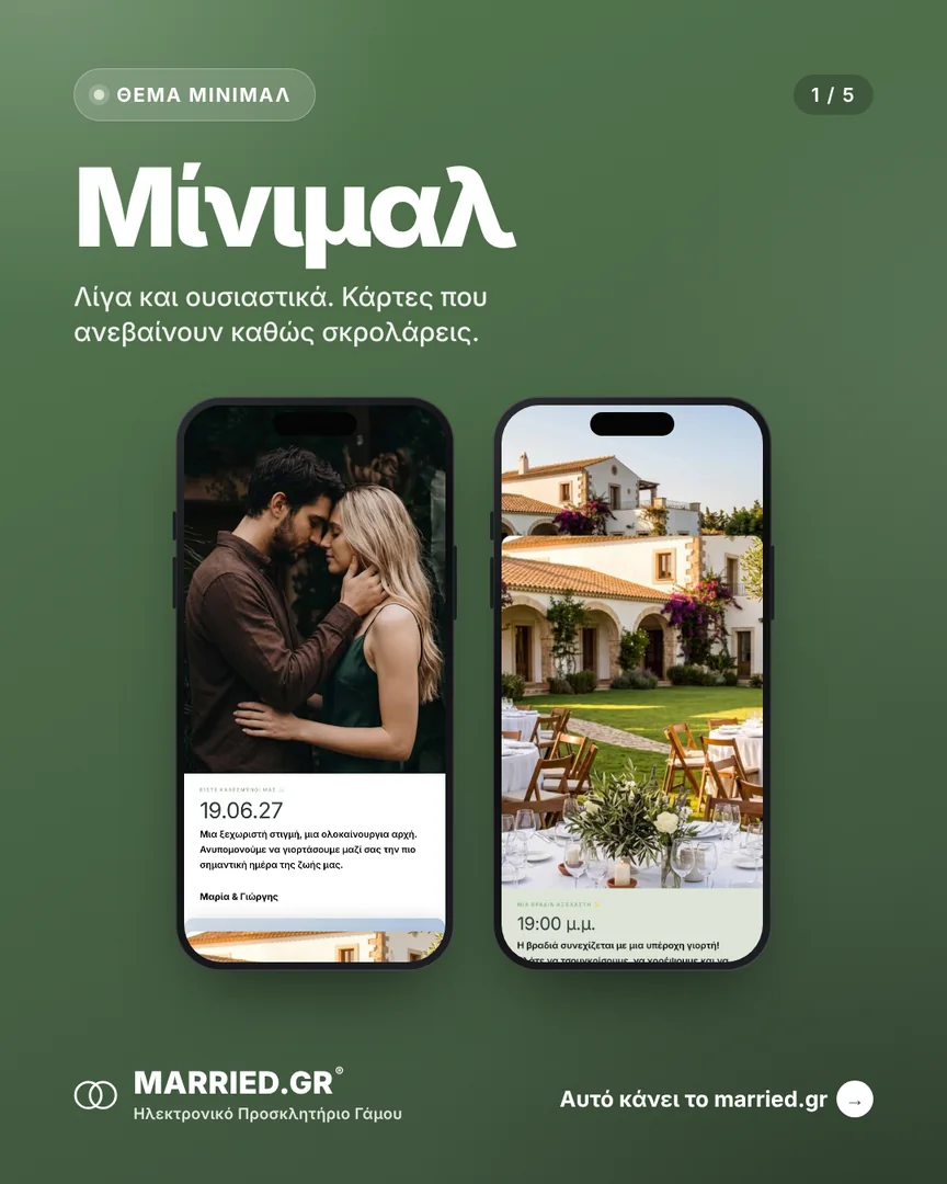 Το θέμα Μίνιμαλ σε δύο κινητά, με τα ονόματα, την ημέρα και τις στιγμές του γάμου
