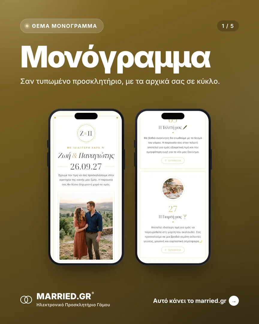 Το θέμα Μονόγραμμα σε δύο κινητά, με τα ονόματα, την ημέρα και τις στιγμές του γάμου