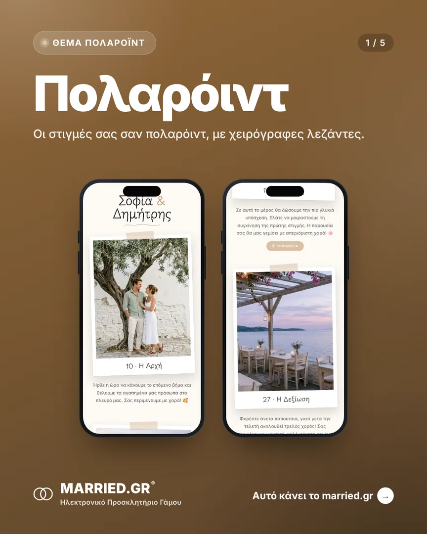 Το θέμα Πολαρόιντ σε δύο κινητά, με τα ονόματα, την ημέρα και τις στιγμές του γάμου
