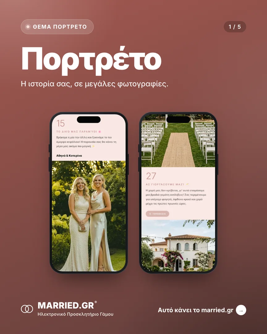 Το θέμα Πορτρέτο σε δύο κινητά, με τα ονόματα, την ημέρα και τις στιγμές του γάμου