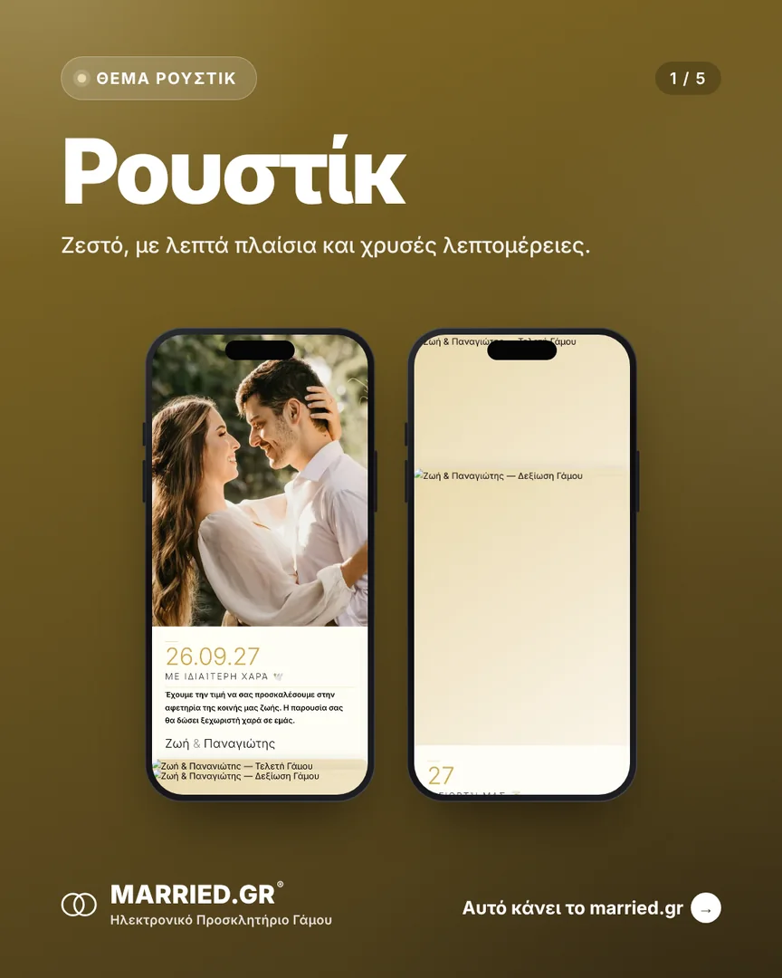 Το θέμα Ρουστίκ σε δύο κινητά, με τα ονόματα, την ημέρα και τις στιγμές του γάμου